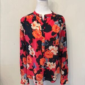 J Crew black red floral sheer long sleeve blouse Size S EUC
